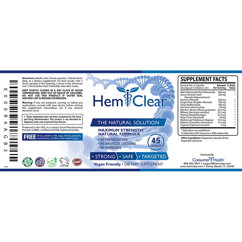 HemClear for Hemorrhoids - Vegan, 100% Natural Formula for Hemorrhoid Relief & Vascular Health - Maximum Strength 1 Bottle - TrustMedUSA