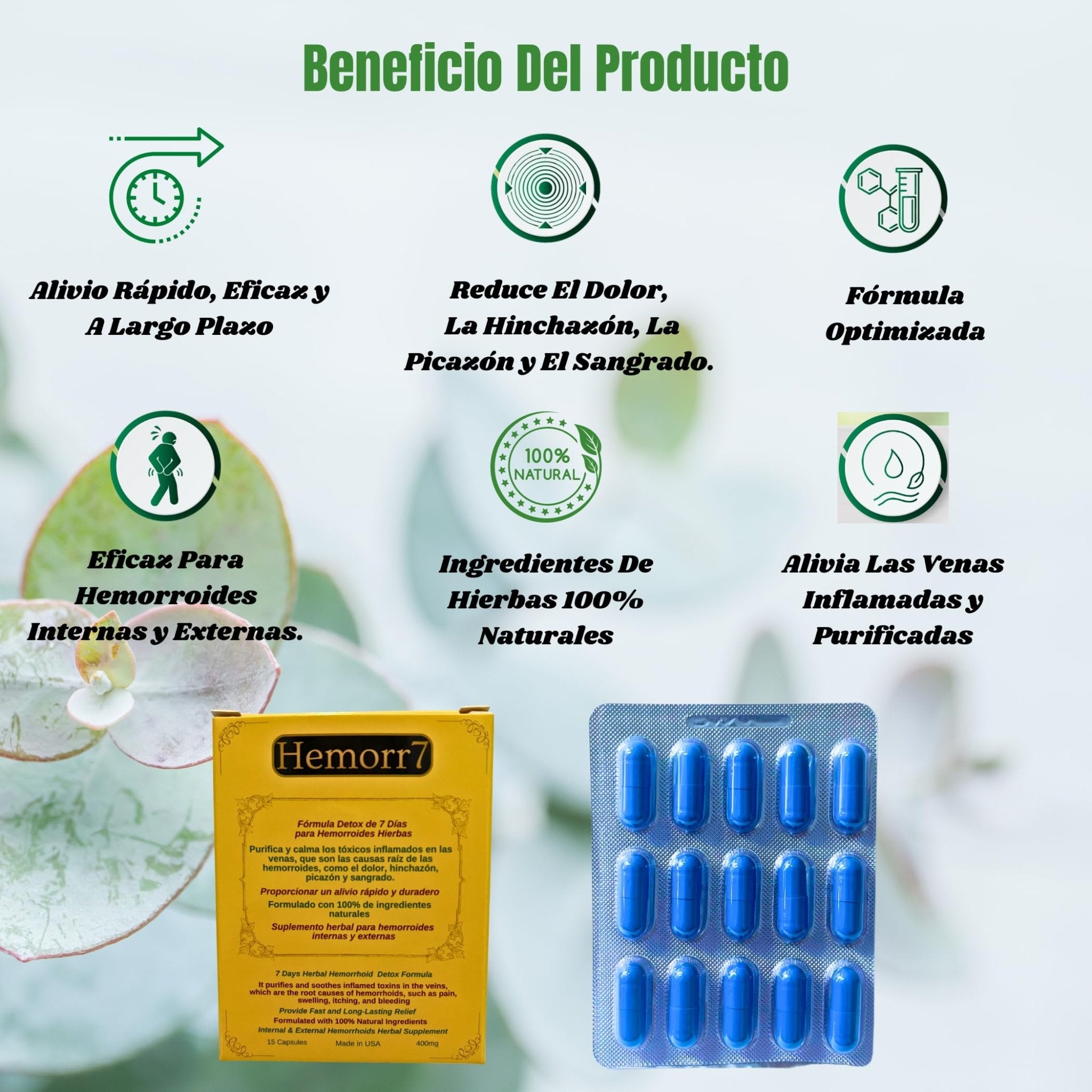 Hemorr7: 7Days 15 Capsules Herbal Hemorrhoid Detox Formula,Fórmula Herbal para desintoxicar las hemorroides Durante 7 días - TrustMedUSA