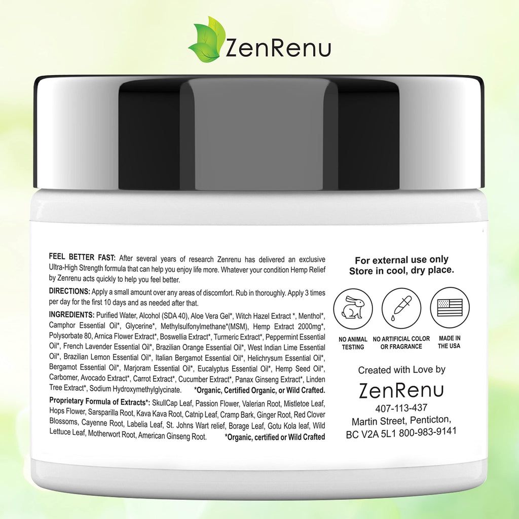 Hemp Cream Maximum Strength - Menthol Rub with Hemp Oil, Arnica, Lavender, Aloe Vera, Kava Kava, & Camphor - Natural Hemp Muscle Rub Cream for Skin, Muscles & Joints - ZenRenu, 4 oz - TrustMedUSA