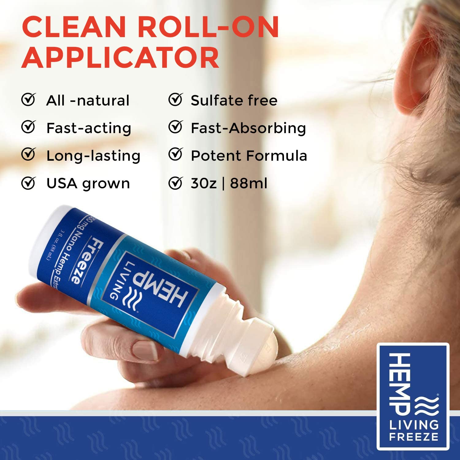 HEMP LIVING Freeze Nano Hemp Extract Roll On, Cold Therapy, Roll On for Muscles and Joint Strain, 3 oz Roll on Bottle (750 mg) - TrustMedUSA