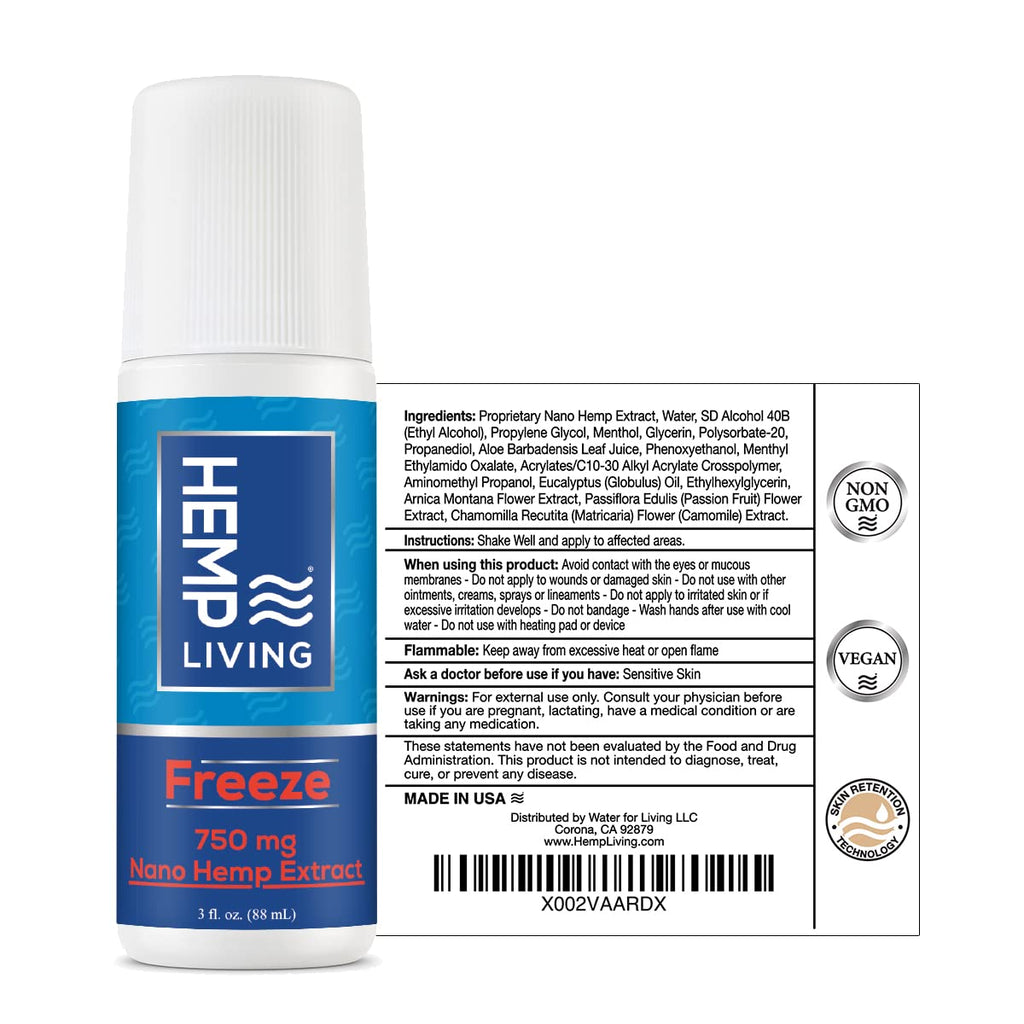 HEMP LIVING Freeze Nano Hemp Extract Roll On, Cold Therapy, Roll On for Muscles and Joint Strain, 3 oz Roll on Bottle (750 mg) - TrustMedUSA