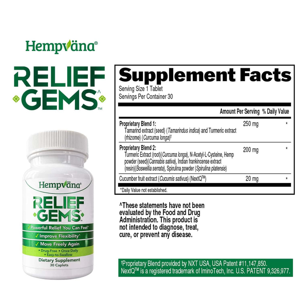 Hempväna® Relief Gems – Drug-Free Joint & Muscle Support Supplement – Supports Temporary Relief of Minor Aches & Pains from Daily Activity – Once-Daily Caplets (30 Count) - TrustMedUSA