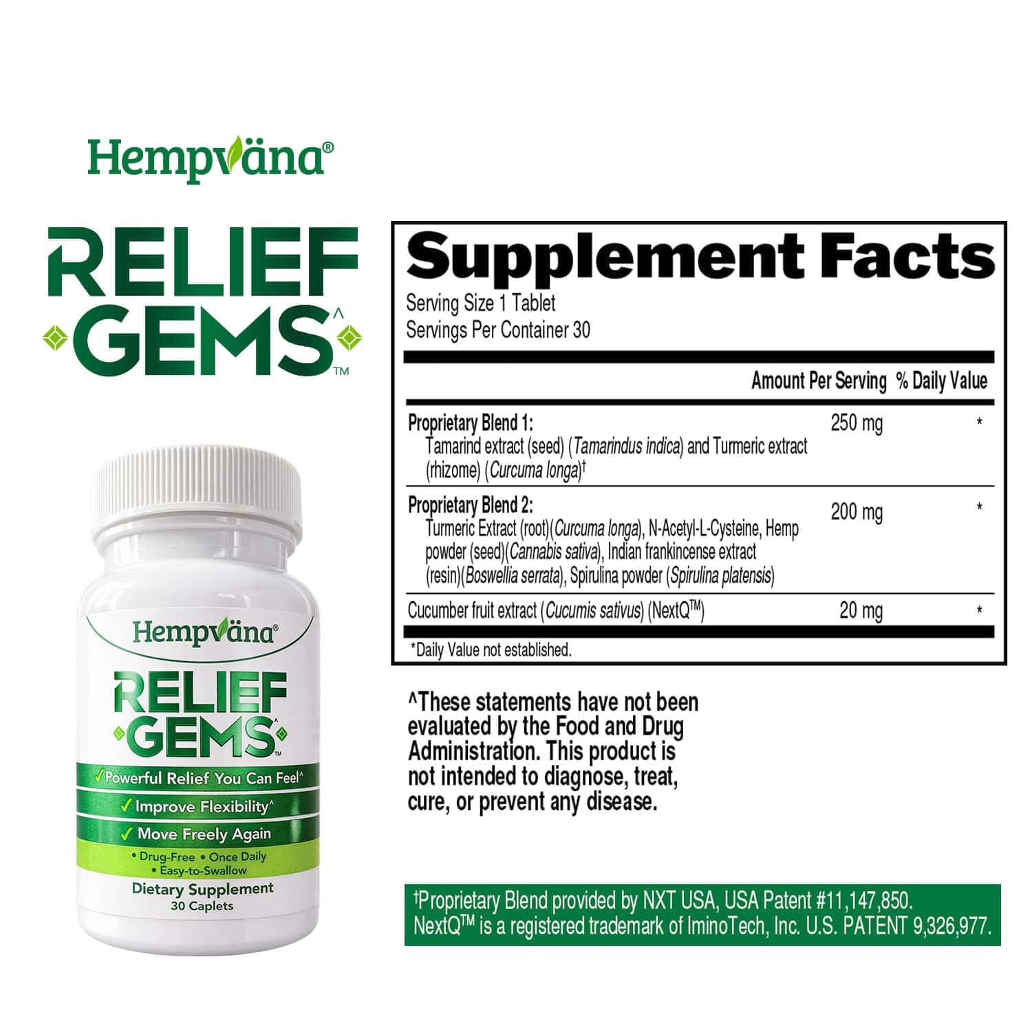 Hempväna® Relief Gems – Drug-Free Joint & Muscle Support Supplement – Supports Temporary Relief of Minor Aches & Pains from Daily Activity – Once-Daily Caplets (30 Count) - TrustMedUSA