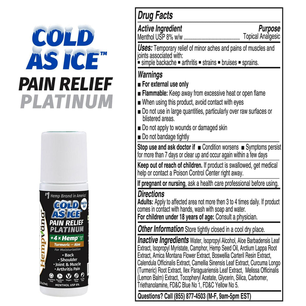 Hempvana Roll On Cold As Ice Platinum Fast Pain Relief for Knees, Neck, Hips, Shoulders, Back + Arthritis Pain Relief w/Hemp Seed Oil, AS SEEN ON TV, Cooling Menthol - TrustMedUSA