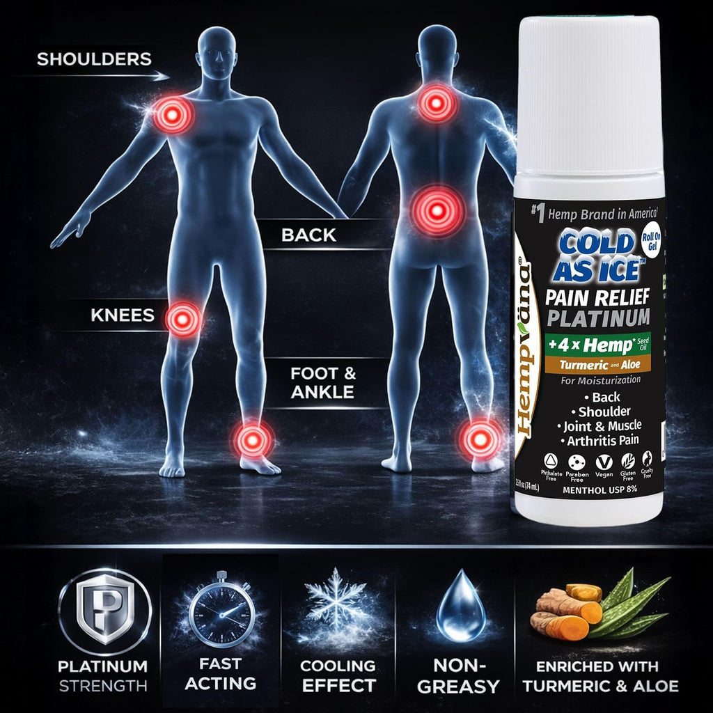 Hempvana Roll On Cold As Ice Platinum Fast Pain Relief for Knees, Neck, Hips, Shoulders, Back + Arthritis Pain Relief w/Hemp Seed Oil, AS SEEN ON TV, Cooling Menthol - TrustMedUSA