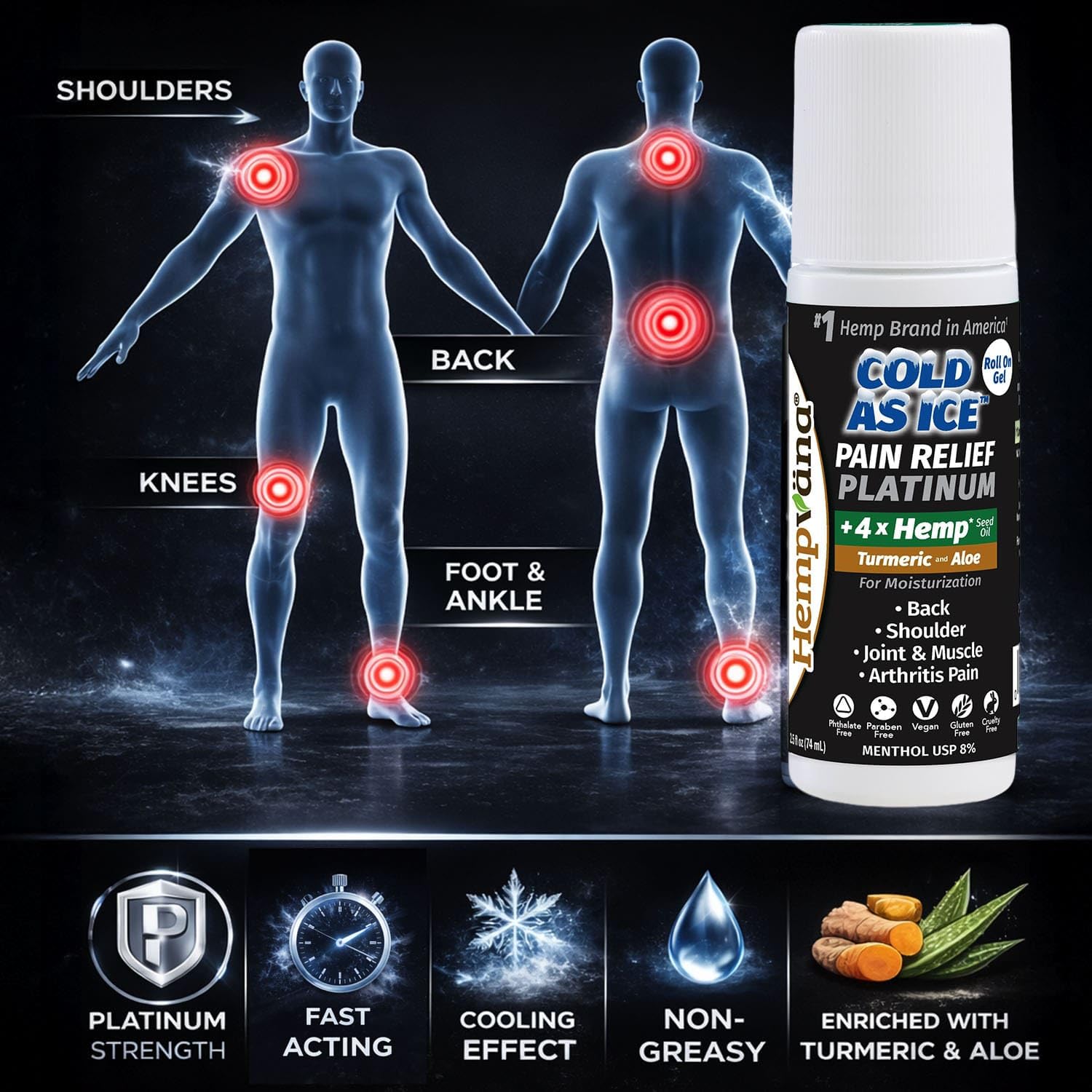 Hempvana Roll On Cold As Ice Platinum Fast Pain Relief for Knees, Neck, Hips, Shoulders, Back + Arthritis Pain Relief w/Hemp Seed Oil, AS SEEN ON TV, Cooling Menthol - TrustMedUSA
