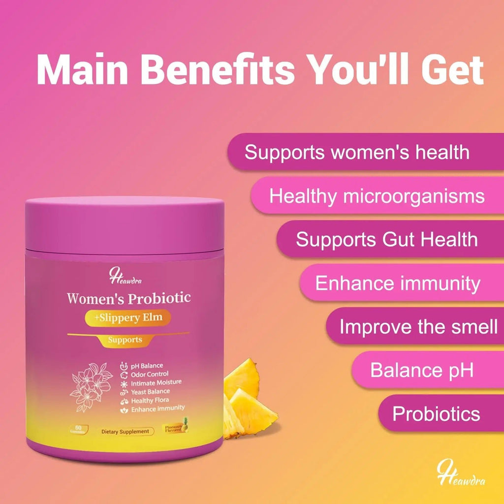 Her Juicy Women's Probiotic Gummies: Supports Women’s Wellness & pH Balance, Clean Vegan, Pineapple Flavor, Prebiotics & Lactobacillus Blend, with Slippery Elm, Gut Health & Immune Defense, 60 Gummies - TrustMedUSA