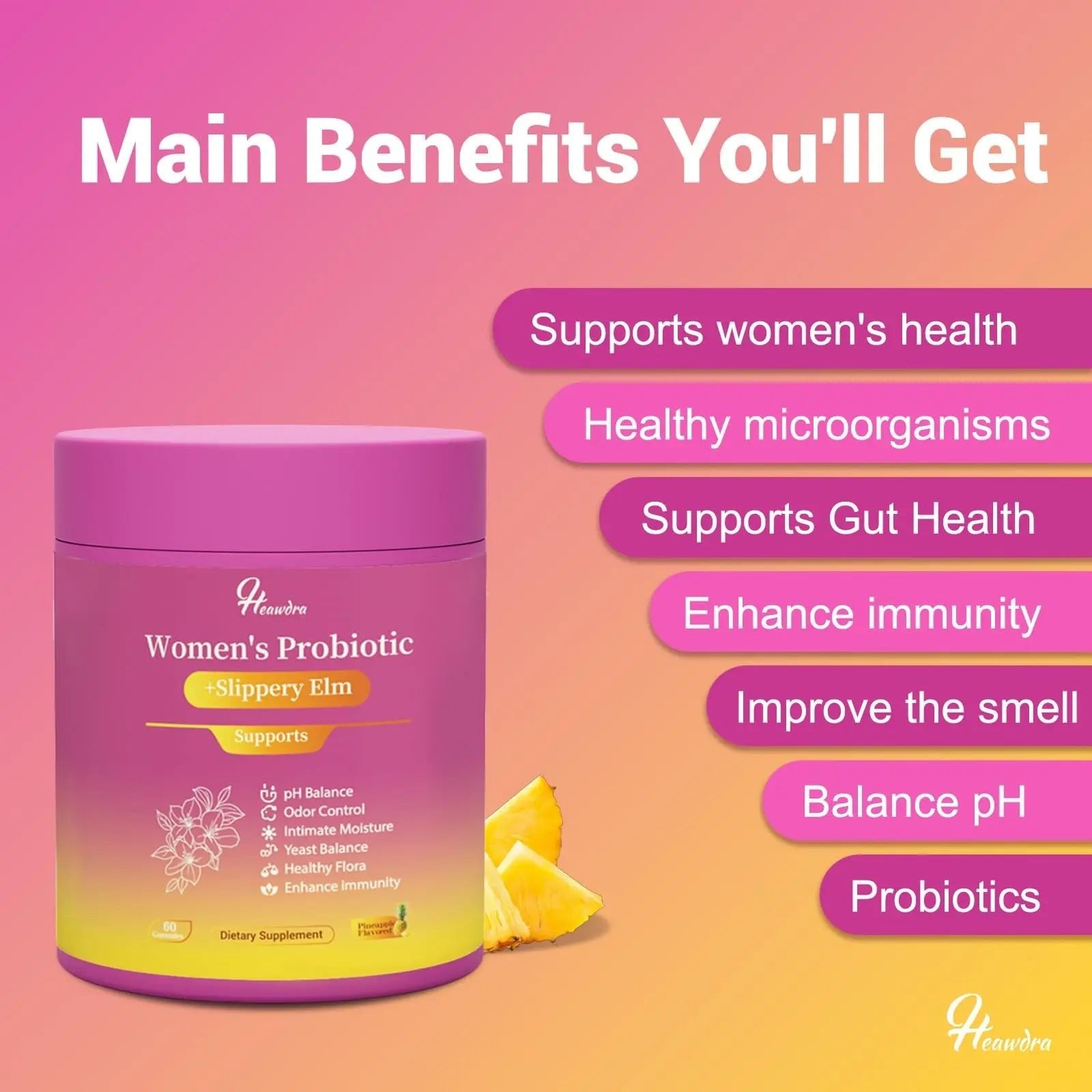 Her Juicy Women's Probiotic Gummies: Supports Women’s Wellness & pH Balance, Clean Vegan, Pineapple Flavor, Prebiotics & Lactobacillus Blend, with Slippery Elm, Gut Health & Immune Defense, 60 Gummies - TrustMedUSA