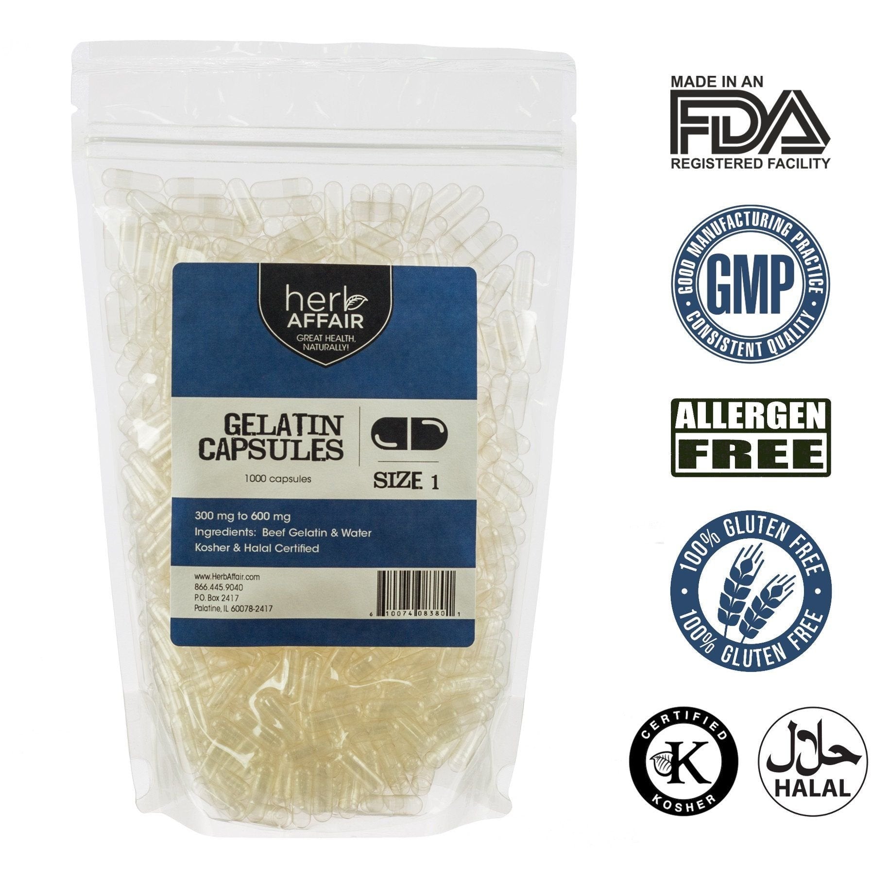 Herb Affair Clear Empty Gelatin Capsules Size 1-1000 Count – Holds 300-600mg - Great for Dogs and Kids Medication - Works with Most Capsule Fillers - TrustMedUSA