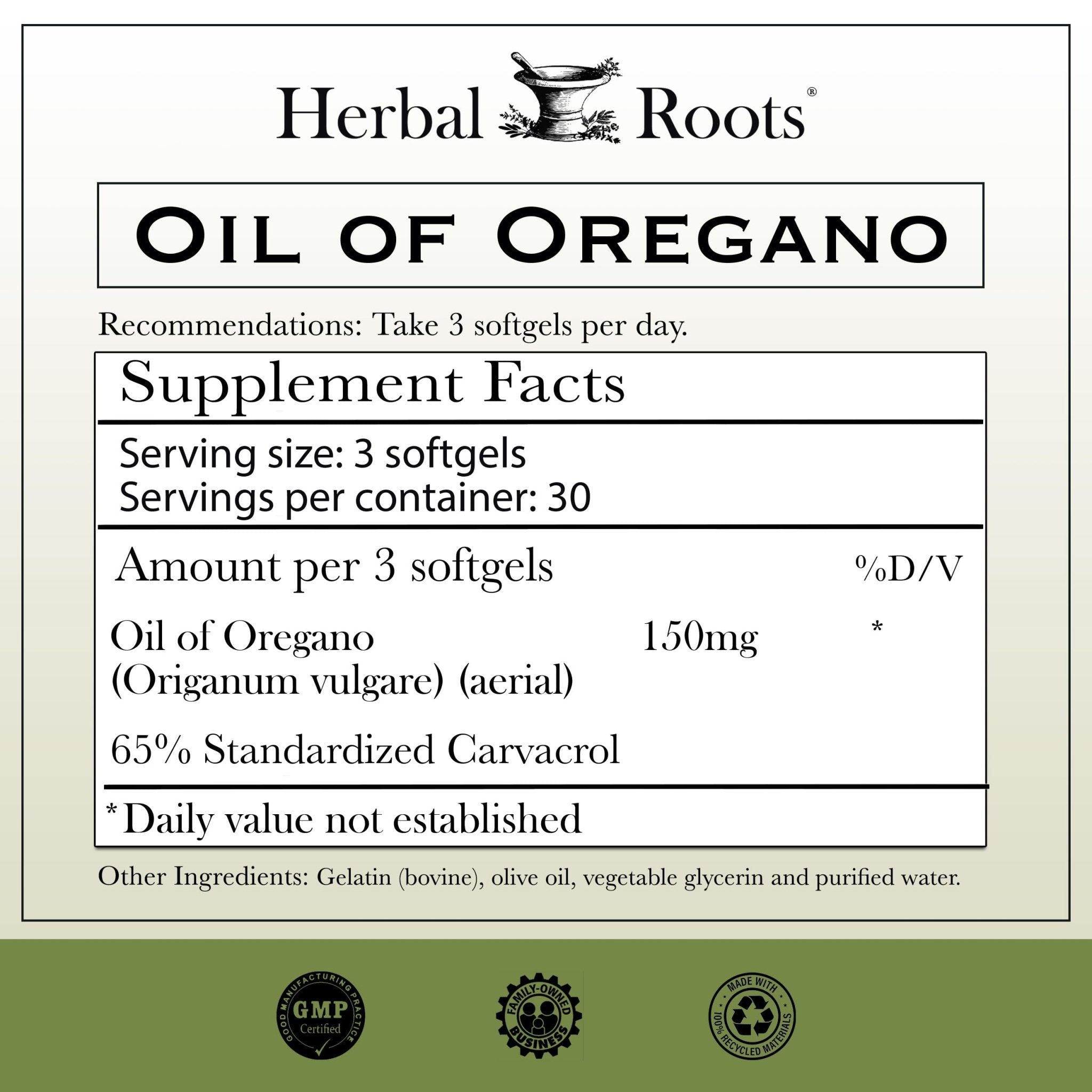 Herbal Roots Oil of Oregano - Made from Mediterranean Oregano Oil - 90 Easy to Swallow Softgel Capsules - Extra Strength 150mg - Maple Wellness Supplements