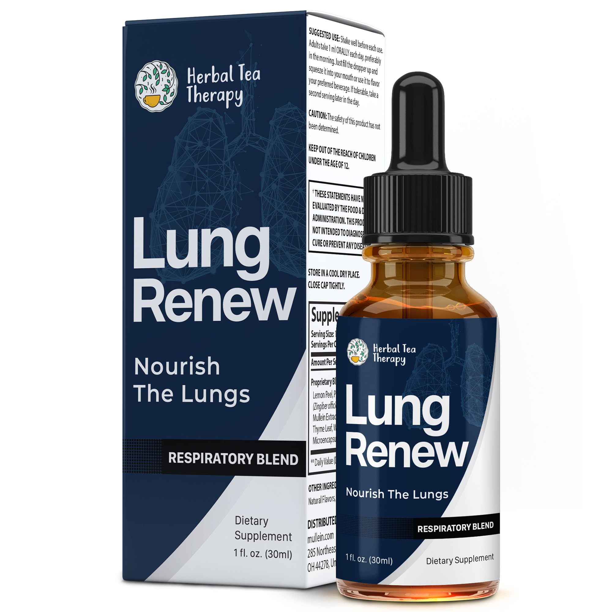 Herbal Tea Therapy Lung Renew Mullein Drops for Lungs (1 fl. oz.): Peppermint, Thyme, & Mullein Leaf Extract for Lungs Detox & Daily Respiratory Comfort - GMO-Free & Made in USA - TrustMedUSA