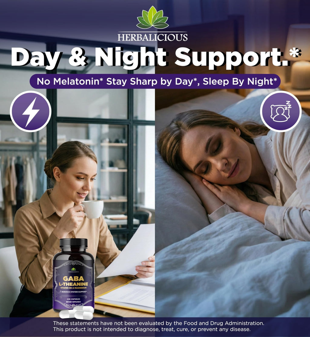 HERBALICIOUS GABA L-Theanine with Magnesium – Calm & Focus Support, Stress Relief, Relaxation + Mood Balance, Brain & Memory Support Supplement – Vitamin B6 + B12 Complex – 120 Capsules - TrustMedUSA