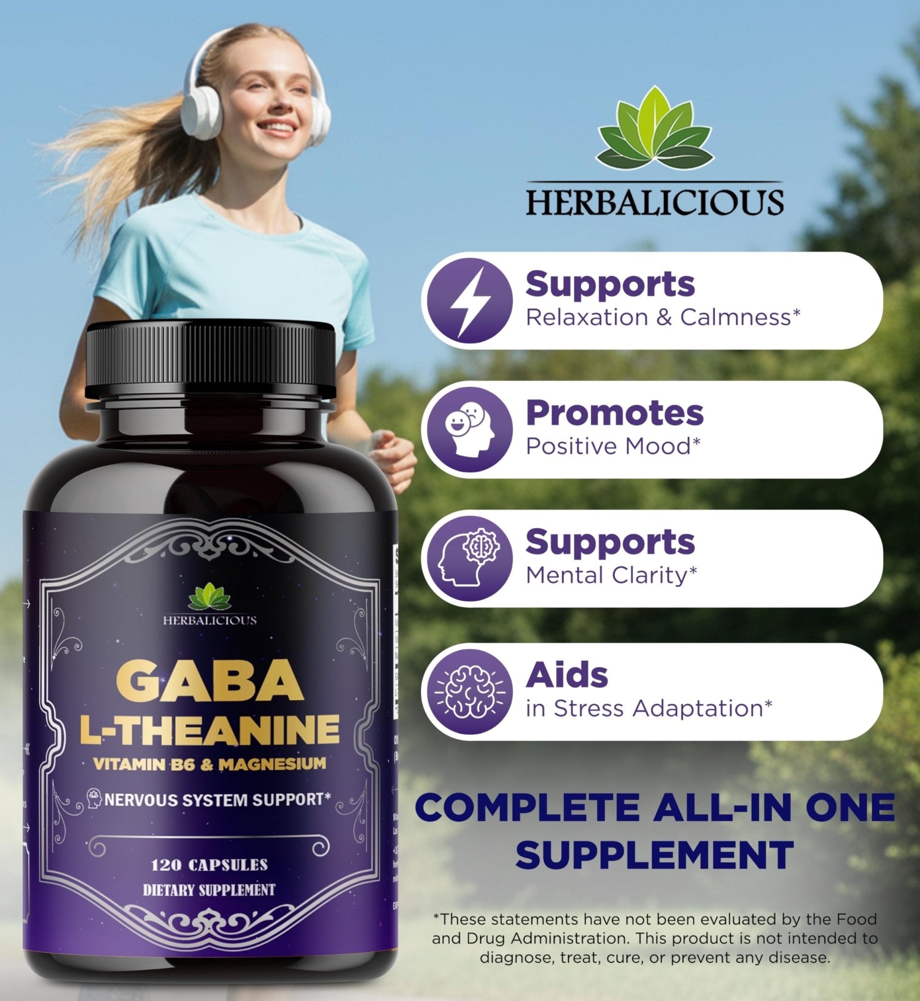 HERBALICIOUS GABA L-Theanine with Magnesium – Calm & Focus Support, Stress Relief, Relaxation + Mood Balance, Brain & Memory Support Supplement – Vitamin B6 + B12 Complex – 120 Capsules - TrustMedUSA