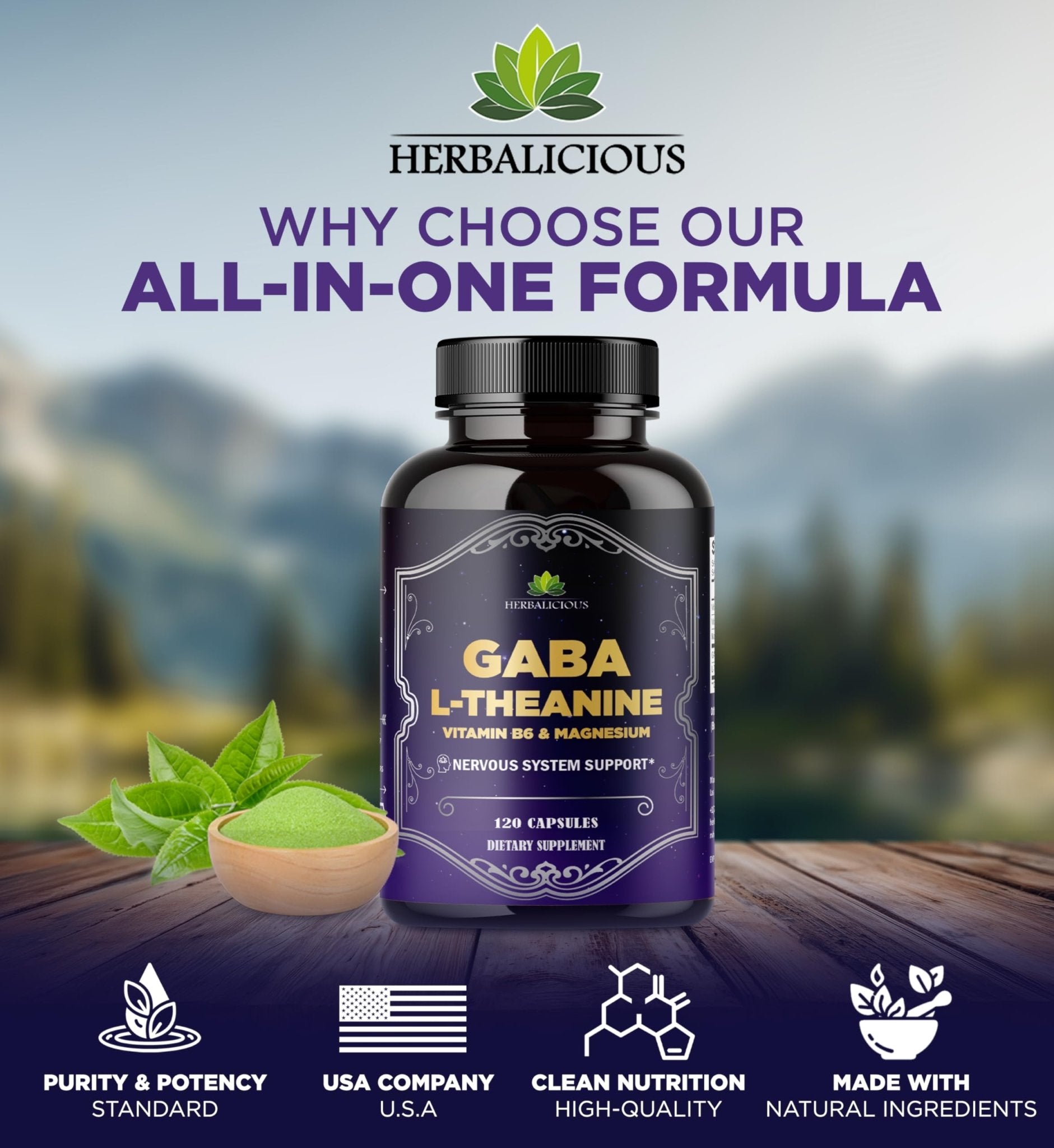 HERBALICIOUS GABA L-Theanine with Magnesium – Calm & Focus Support, Stress Relief, Relaxation + Mood Balance, Brain & Memory Support Supplement – Vitamin B6 + B12 Complex – 120 Capsules - TrustMedUSA