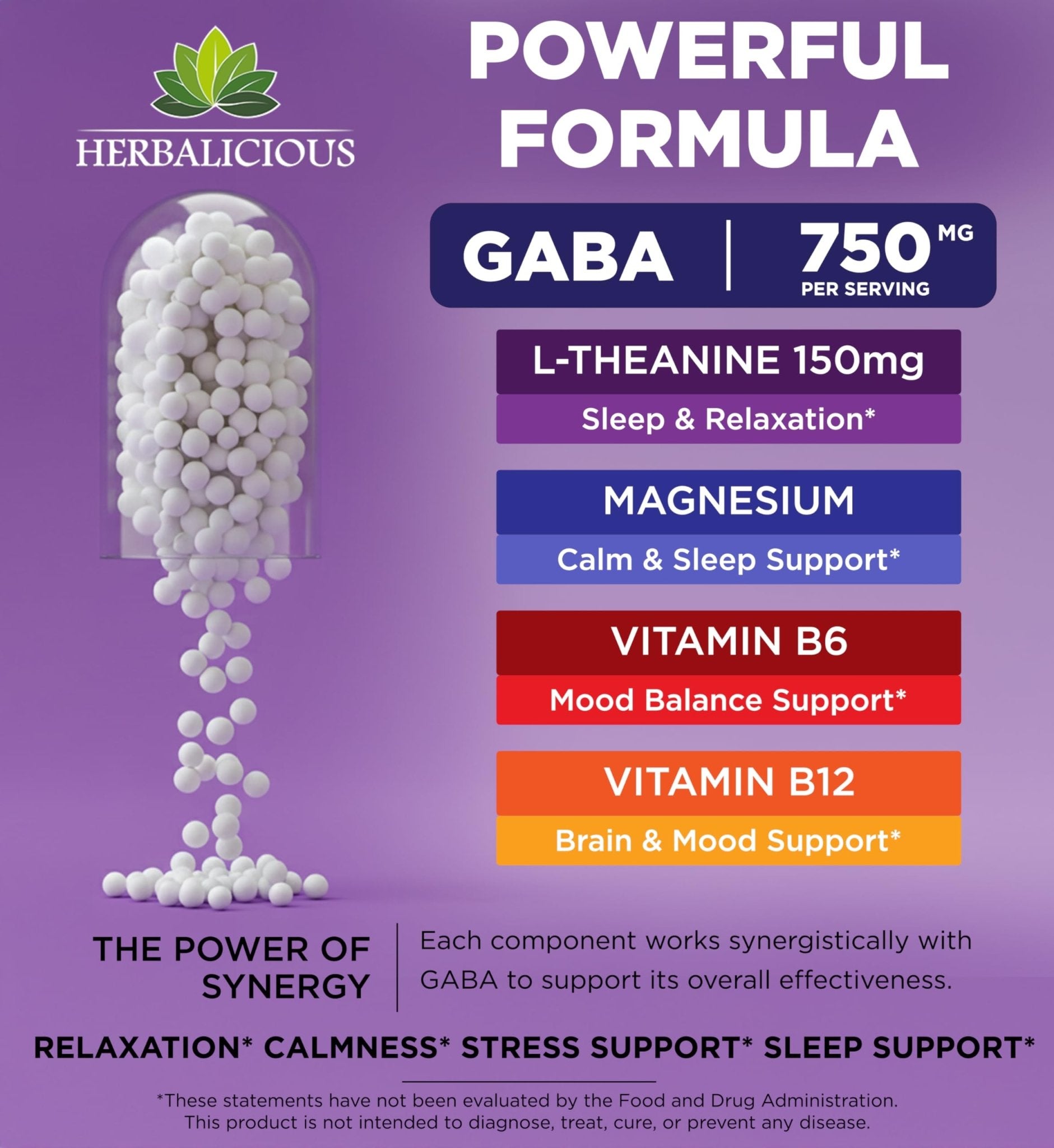 HERBALICIOUS GABA L-Theanine with Magnesium – Calm & Focus Support, Stress Relief, Relaxation + Mood Balance, Brain & Memory Support Supplement – Vitamin B6 + B12 Complex – 120 Capsules - TrustMedUSA