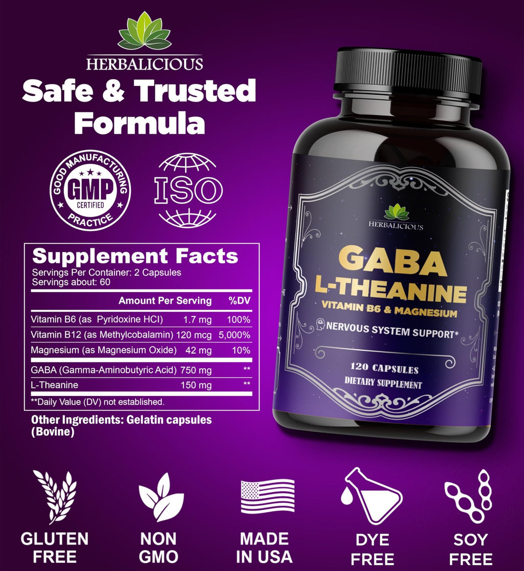 HERBALICIOUS GABA L-Theanine with Magnesium – Calm & Focus Support, Stress Relief, Relaxation + Mood Balance, Brain & Memory Support Supplement – Vitamin B6 + B12 Complex – 120 Capsules - TrustMedUSA
