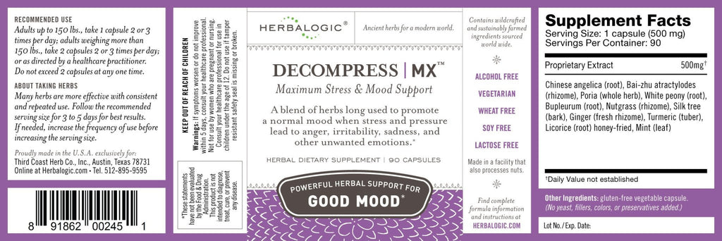Herbalogic - Decompress MX Herb Capsules - Maximum Stress & Tension Relief - Reduces Anger & Moodiness, Positive Mood Support - Based on the Traditional Chinese Formula Xiao Yao San - 90 Cap Count - TrustMedUSA