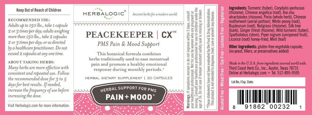 Herbalogic - Peacekeeper CX Herb Capsules - Reduces PMS Related Mood Swings - Reduces Cramps & Pain Associated with Monthly Periods - Contains Turmeric & Corydalis - 30 Cap Count - TrustMedUSA