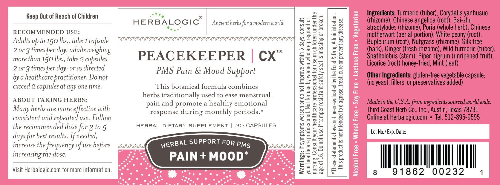 Herbalogic - Peacekeeper CX Herb Capsules - Reduces PMS Related Mood Swings - Reduces Cramps & Pain Associated with Monthly Periods - Contains Turmeric & Corydalis - 30 Cap Count - TrustMedUSA