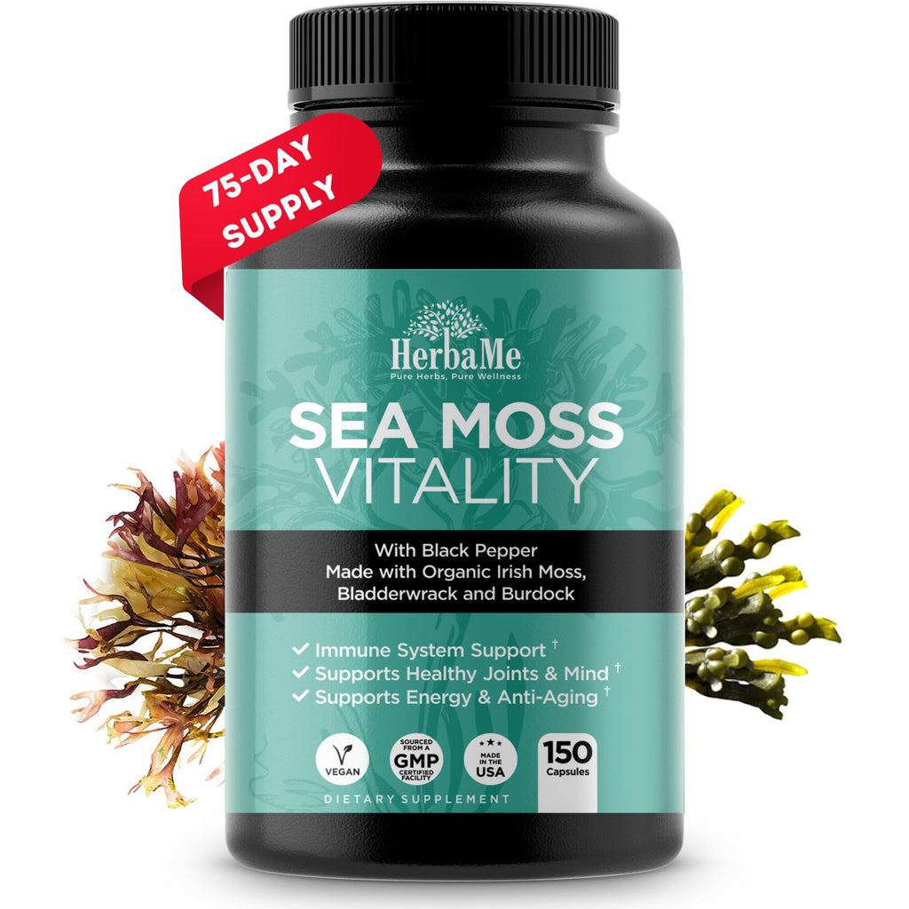 HerbaMe Organic Irish Sea Moss with Bladderwrack, Burdock Root & Black Pepper Extract, 150 Capsules, Thyroid Support, Natural Iodine Source, Promotes Immune System, Cell Food, Alkaline Supplement - TrustMedUSA