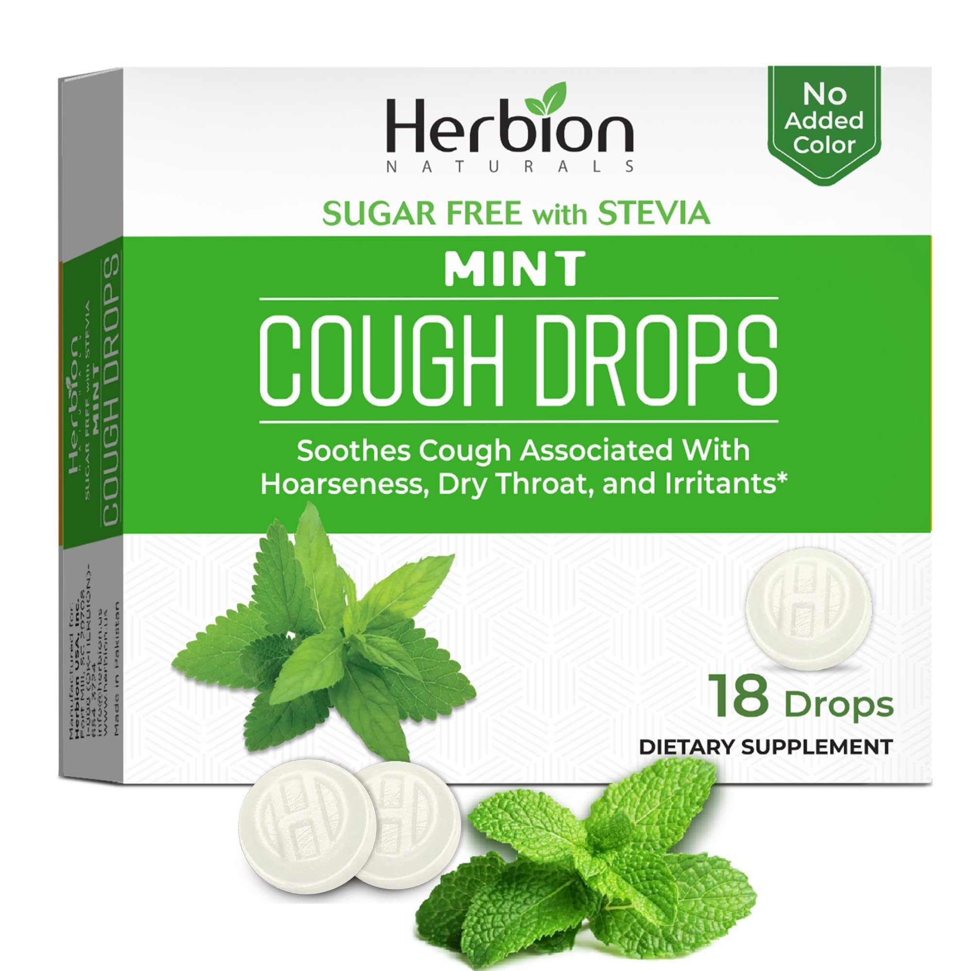 HERBION Naturals Cough Drops, Sugar Free with Stevia, Dietary Supplement, Soothes Cough, for Adults & Children Over 6 Years, 18 Count, Mint, Pack of 1 - Maple Wellness Supplements