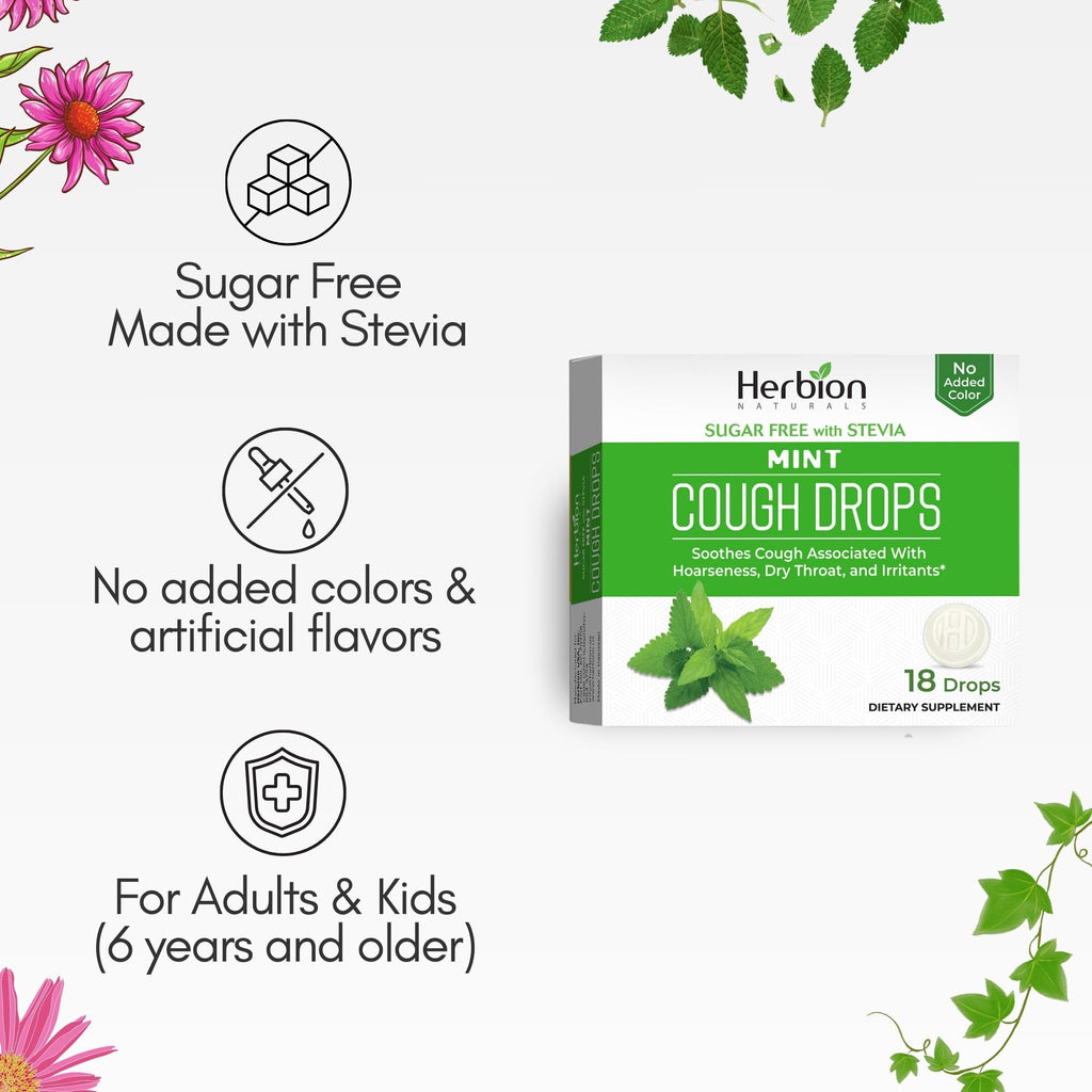HERBION Naturals Cough Drops, Sugar Free with Stevia, Dietary Supplement, Soothes Cough, for Adults & Children Over 6 Years, 18 Count, Mint, Pack of 1 - Maple Wellness Supplements