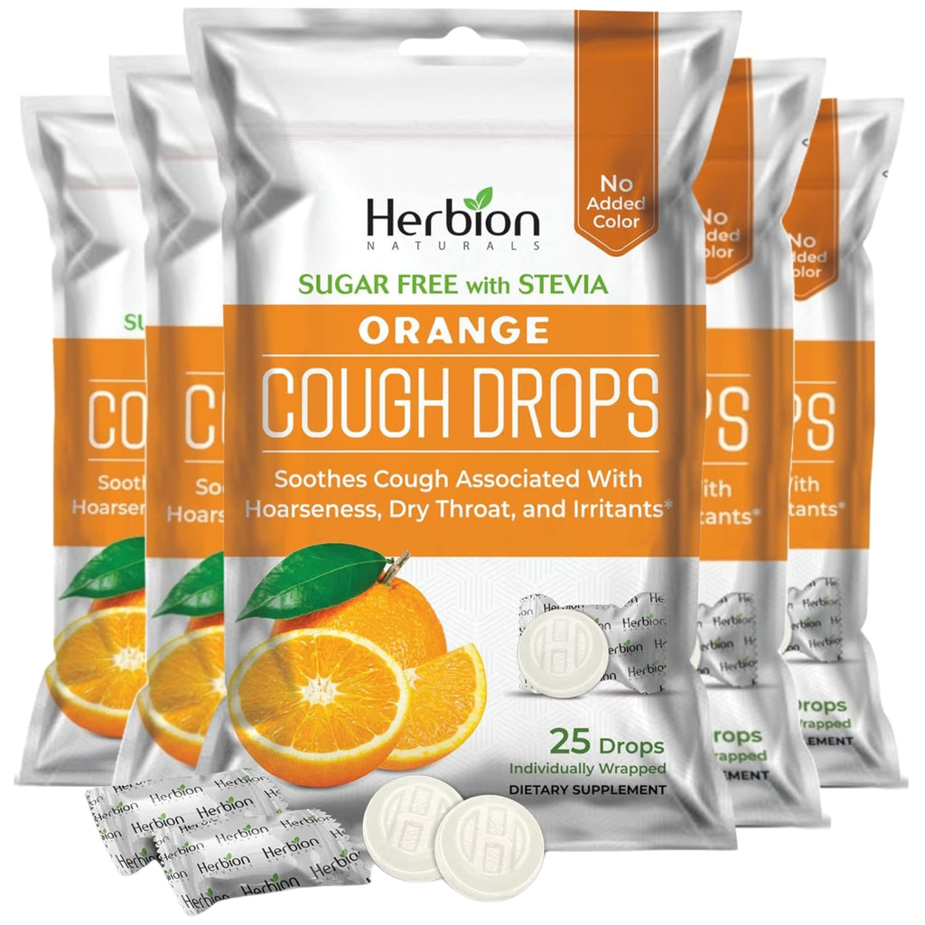 HERBION Naturals Cough Drops with Orange Flavor, Sugar-Free with Stevia, Soothes Cough, for Adults and Children Over 6 Years – Pack of 5(125 Lozenges) - Maple Wellness Supplements