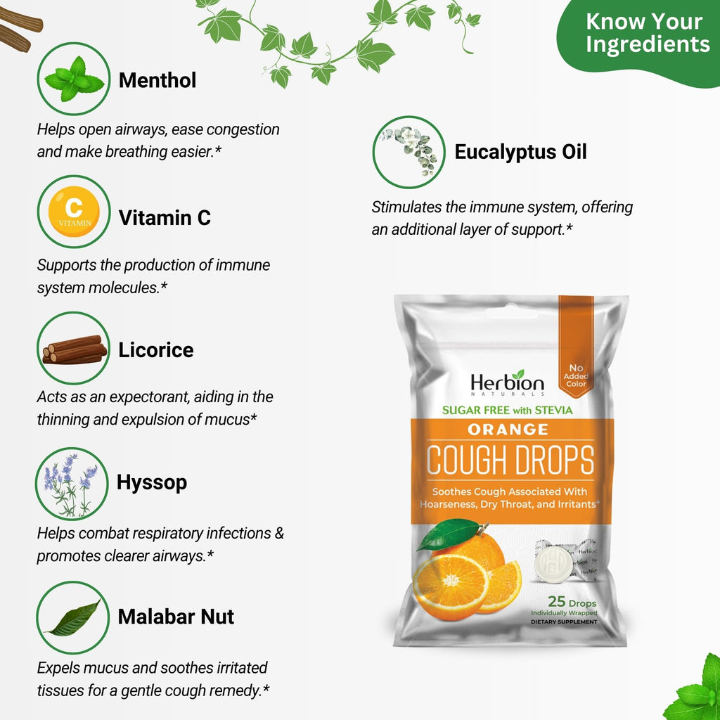 HERBION Naturals Cough Drops with Orange Flavor, Sugar-Free with Stevia, Soothes Cough, for Adults and Children Over 6 Years – Pack of 5(125 Lozenges) - Maple Wellness Supplements