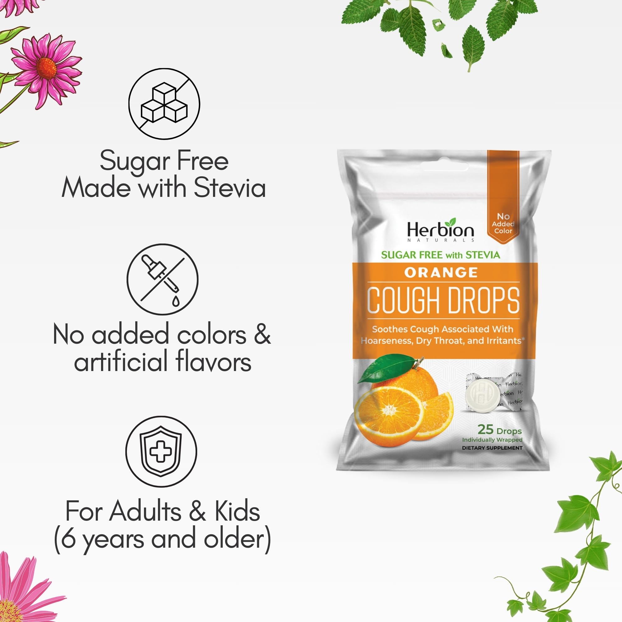 HERBION Naturals Cough Drops with Orange Flavor, Sugar-Free with Stevia, Soothes Cough, for Adults and Children Over 6 Years – Pack of 5(125 Lozenges) - Maple Wellness Supplements