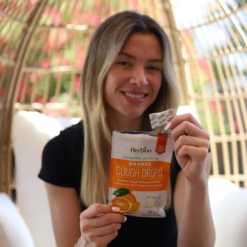 HERBION Naturals Cough Drops with Orange Flavor, Sugar-Free with Stevia, Soothes Cough, for Adults and Children Over 6 Years – Pack of 5(125 Lozenges) - Maple Wellness Supplements
