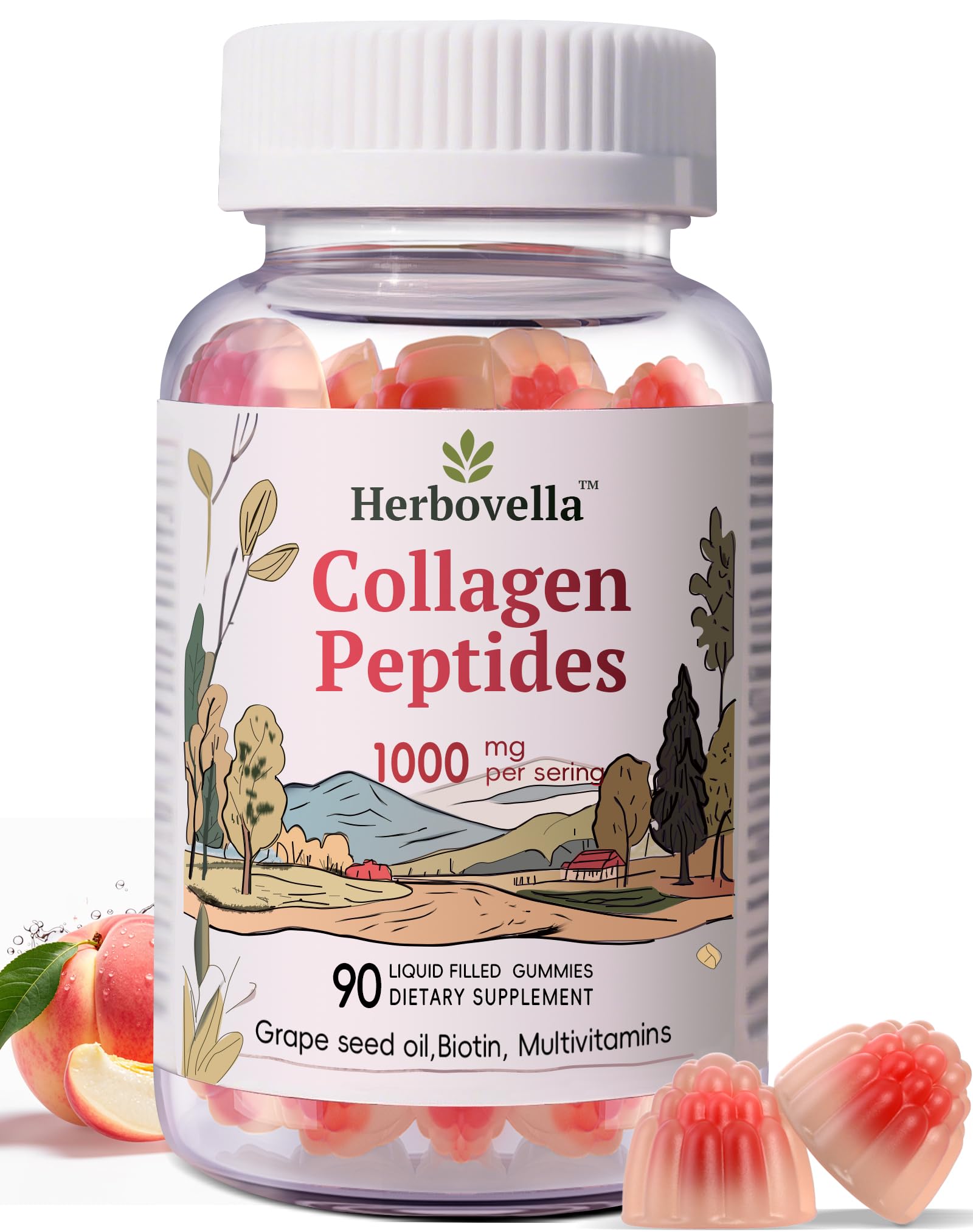 Herbovella Marine Collagen Peptides Gummies for Women- Hydrolyzed Collagen Peptides 1000mg with Biotin, Vitamins, Hyaluronic Acid- for Skin Hair Nails -Sugar Free, 30 Servings, Peach Flavor - Maple Wellness Supplements