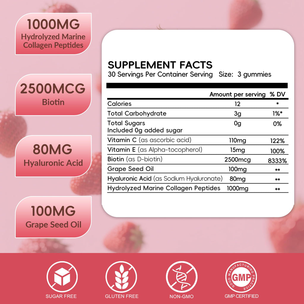 Herbovella Marine Collagen Peptides Gummies for Women- Hydrolyzed Collagen Peptides 1000mg with Biotin, Vitamins, Hyaluronic Acid- for Skin Hair Nails -Sugar Free, 30 Servings, Peach Flavor - Maple Wellness Supplements
