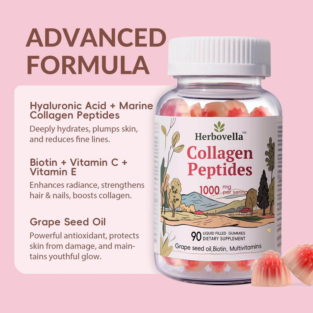 Herbovella Marine Collagen Peptides Gummies for Women- Hydrolyzed Collagen Peptides 1000mg with Biotin, Vitamins, Hyaluronic Acid- for Skin Hair Nails -Sugar Free, 30 Servings, Peach Flavor - Maple Wellness Supplements