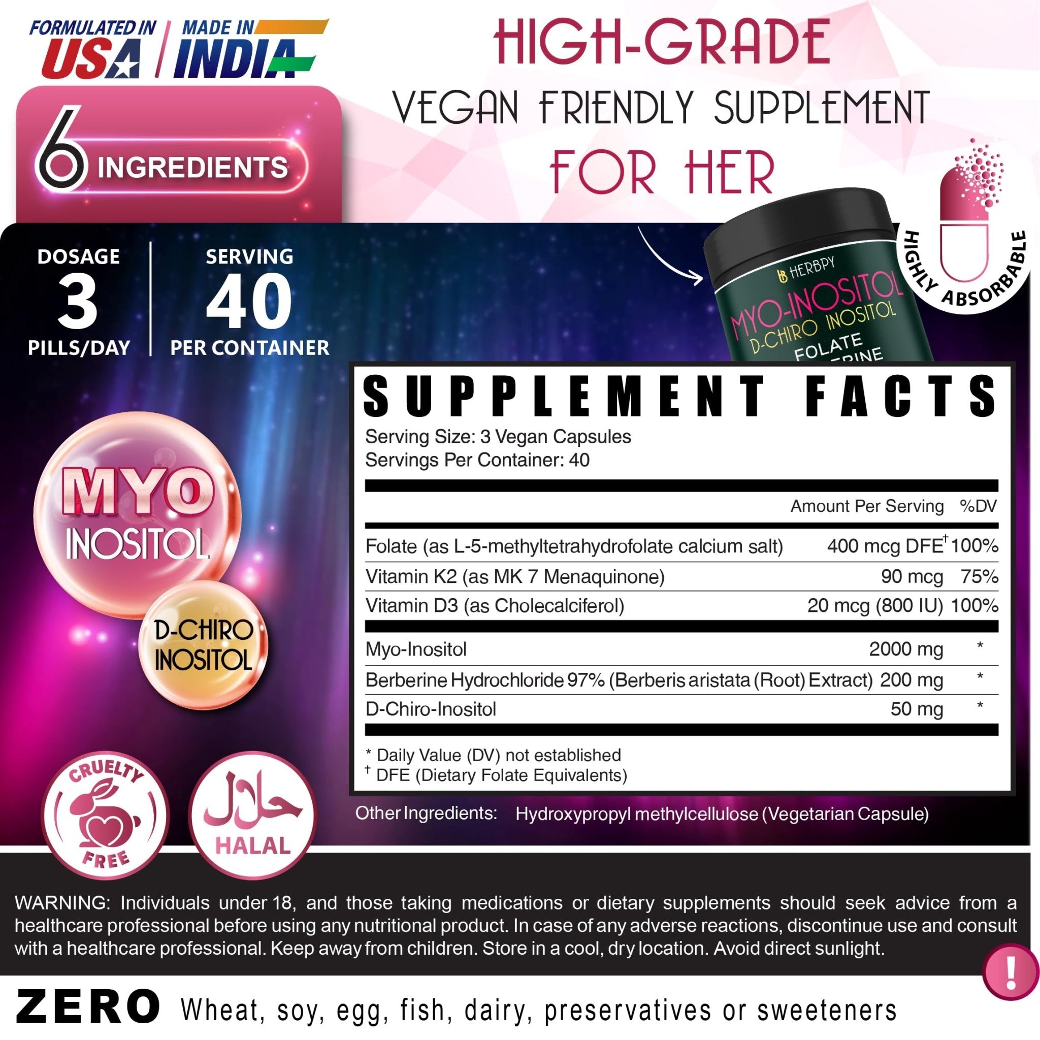 Herbpy 6in1 Premium 40:1 Myo-Inositol & D-Chiro Inositol Supplement for Women with Folate, Berberine HCl 97%, Vitamin D3 & K2 - Hormonal Balance & Ovarian Health Support- 120 Vegan Capsules - Maple Wellness Supplements