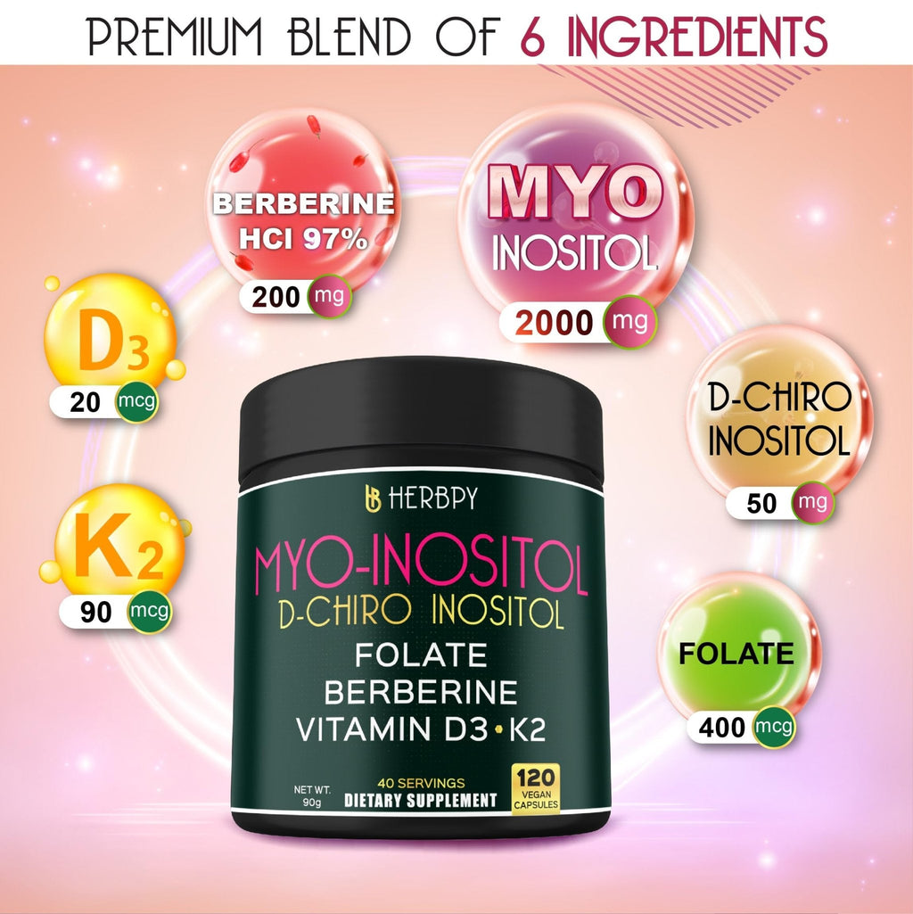 Herbpy 6in1 Premium 40:1 Myo-Inositol & D-Chiro Inositol Supplement for Women with Folate, Berberine HCl 97%, Vitamin D3 & K2 - Hormonal Balance & Ovarian Health Support- 120 Vegan Capsules - Maple Wellness Supplements