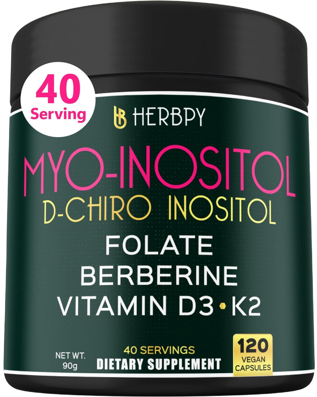 Herbpy 6in1 Premium 40:1 Myo-Inositol & D-Chiro Inositol Supplement for Women with Folate, Berberine HCl 97%, Vitamin D3 & K2 - Hormonal Balance & Ovarian Health Support- 120 Vegan Capsules - Maple Wellness Supplements
