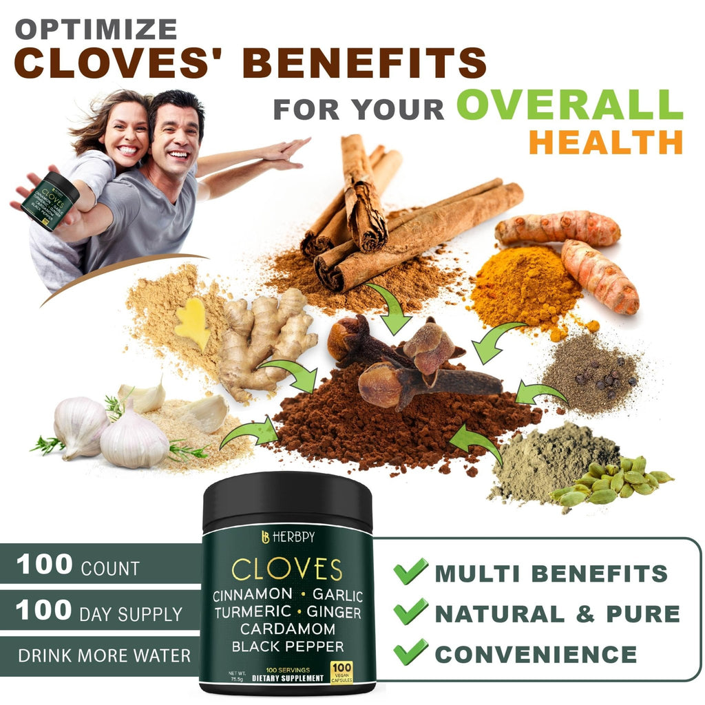Herbpy 7in1 Clove Supplement Rich in Vitamins & Minerals Supports Digestion, Immune & Heart Health with Cinnamon, Turmeric, Ginger, Cardamom, Garlic & Black Pepper - 100 Vegan Capsules - TrustMedUSA