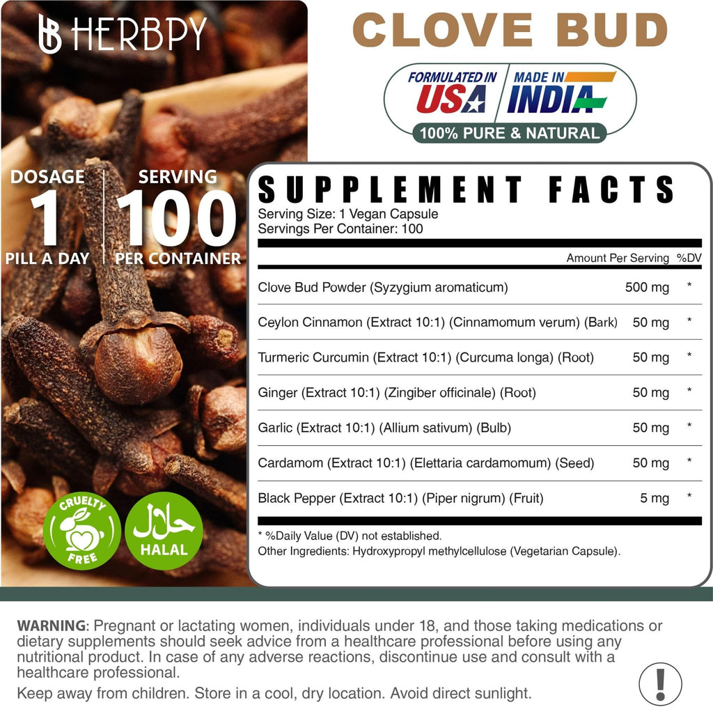 Herbpy 7in1 Clove Supplement Rich in Vitamins & Minerals Supports Digestion, Immune & Heart Health with Cinnamon, Turmeric, Ginger, Cardamom, Garlic & Black Pepper - 100 Vegan Capsules - TrustMedUSA