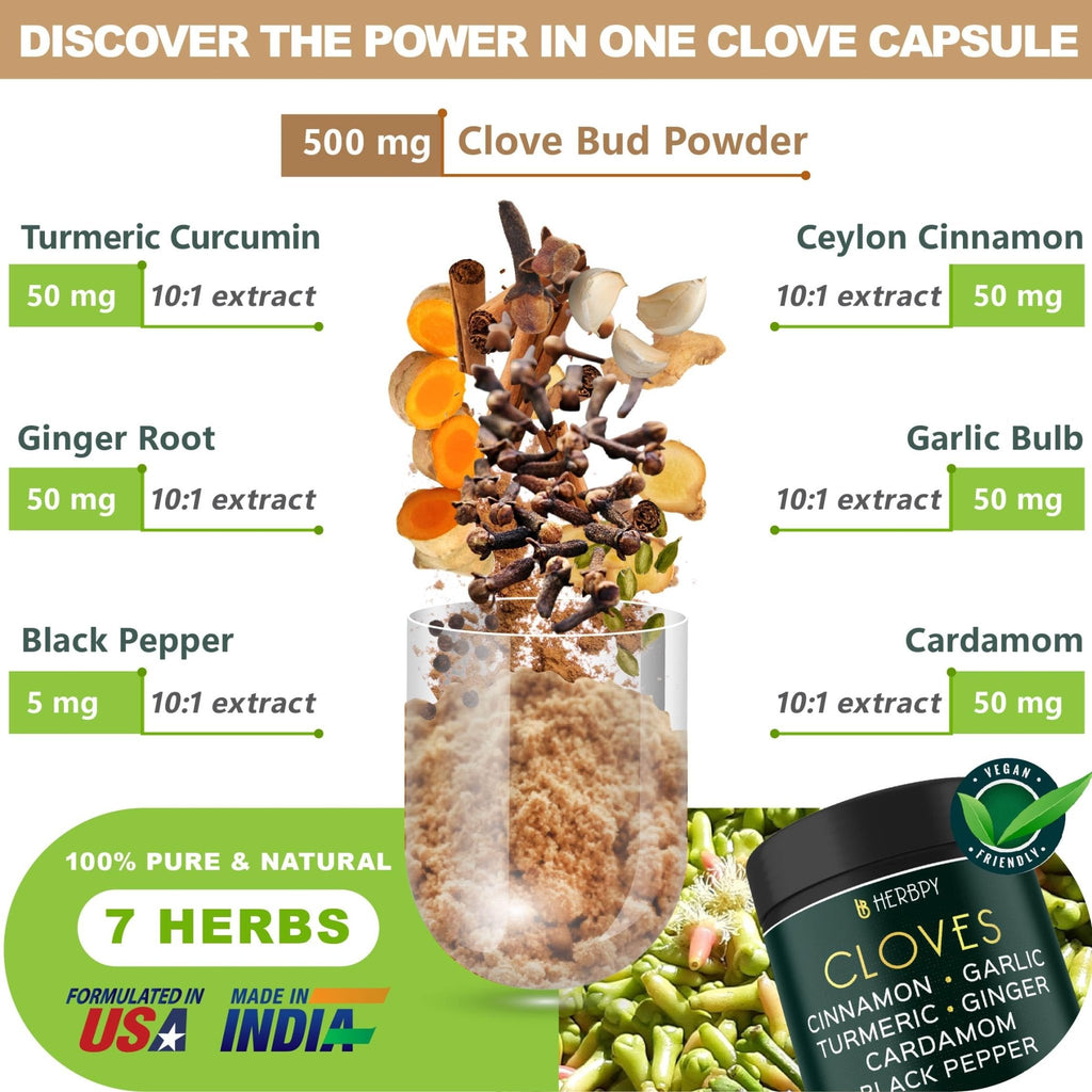 Herbpy 7in1 Clove Supplement Rich in Vitamins & Minerals Supports Digestion, Immune & Heart Health with Cinnamon, Turmeric, Ginger, Cardamom, Garlic & Black Pepper - 100 Vegan Capsules - TrustMedUSA