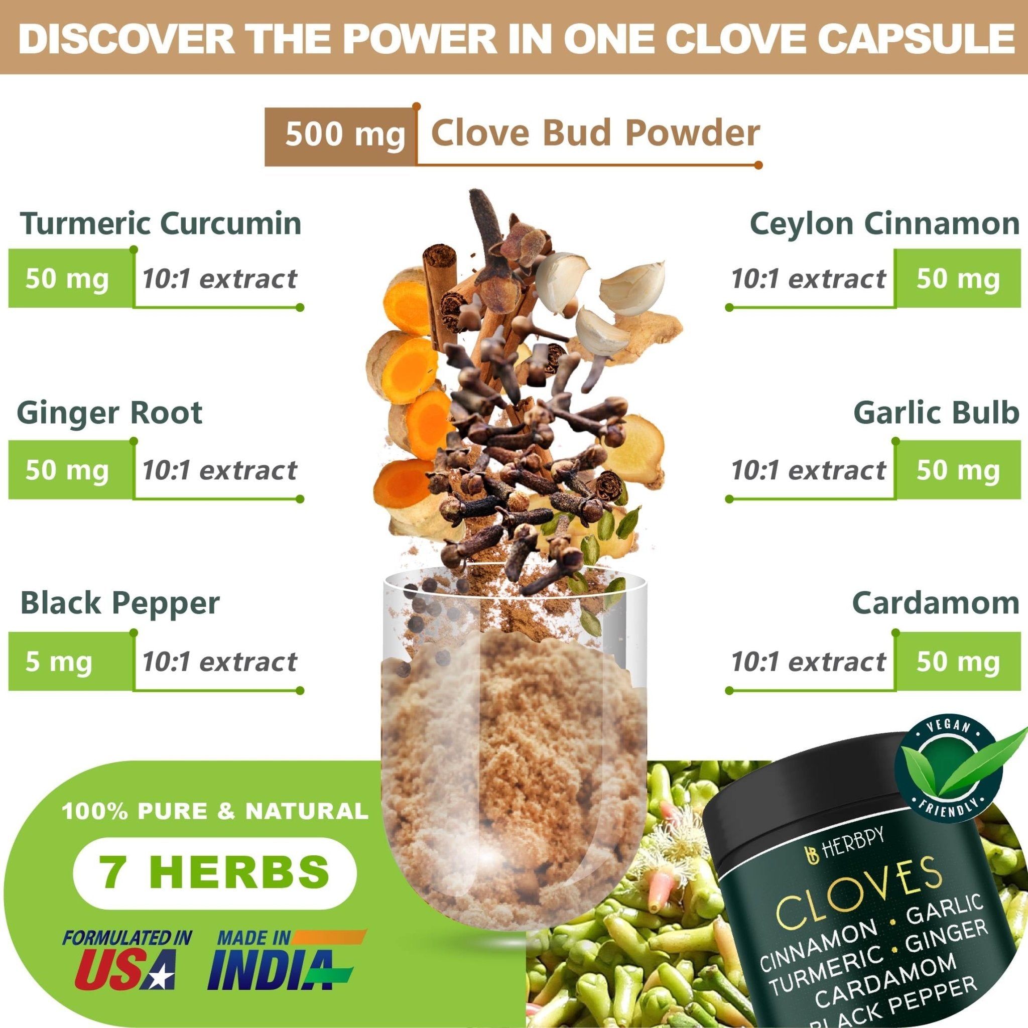 Herbpy 7in1 Clove Supplement Rich in Vitamins & Minerals Supports Digestion, Immune & Heart Health with Cinnamon, Turmeric, Ginger, Cardamom, Garlic & Black Pepper - 100 Vegan Capsules - TrustMedUSA