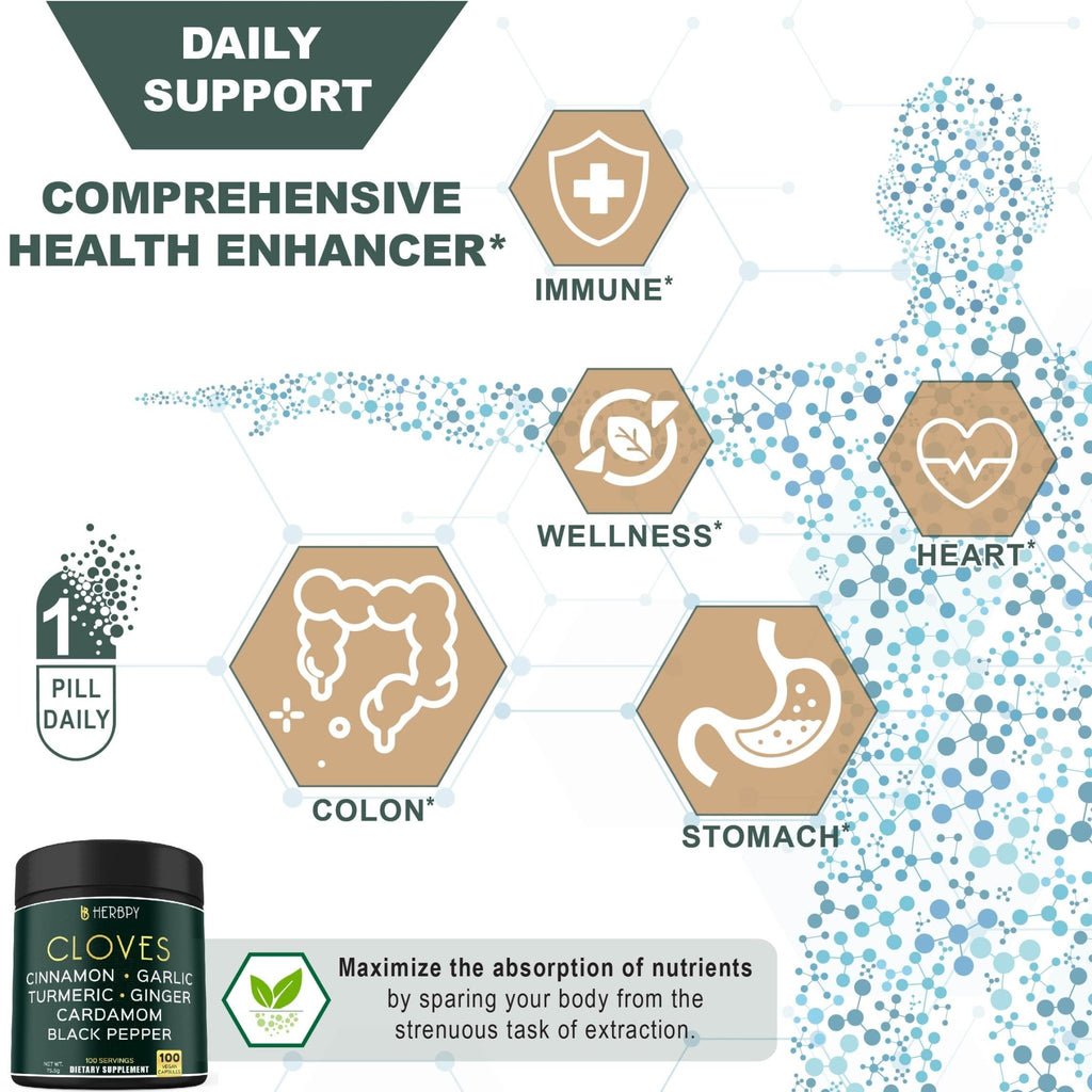 Herbpy 7in1 Clove Supplement Rich in Vitamins & Minerals Supports Digestion, Immune & Heart Health with Cinnamon, Turmeric, Ginger, Cardamom, Garlic & Black Pepper - 100 Vegan Capsules - TrustMedUSA