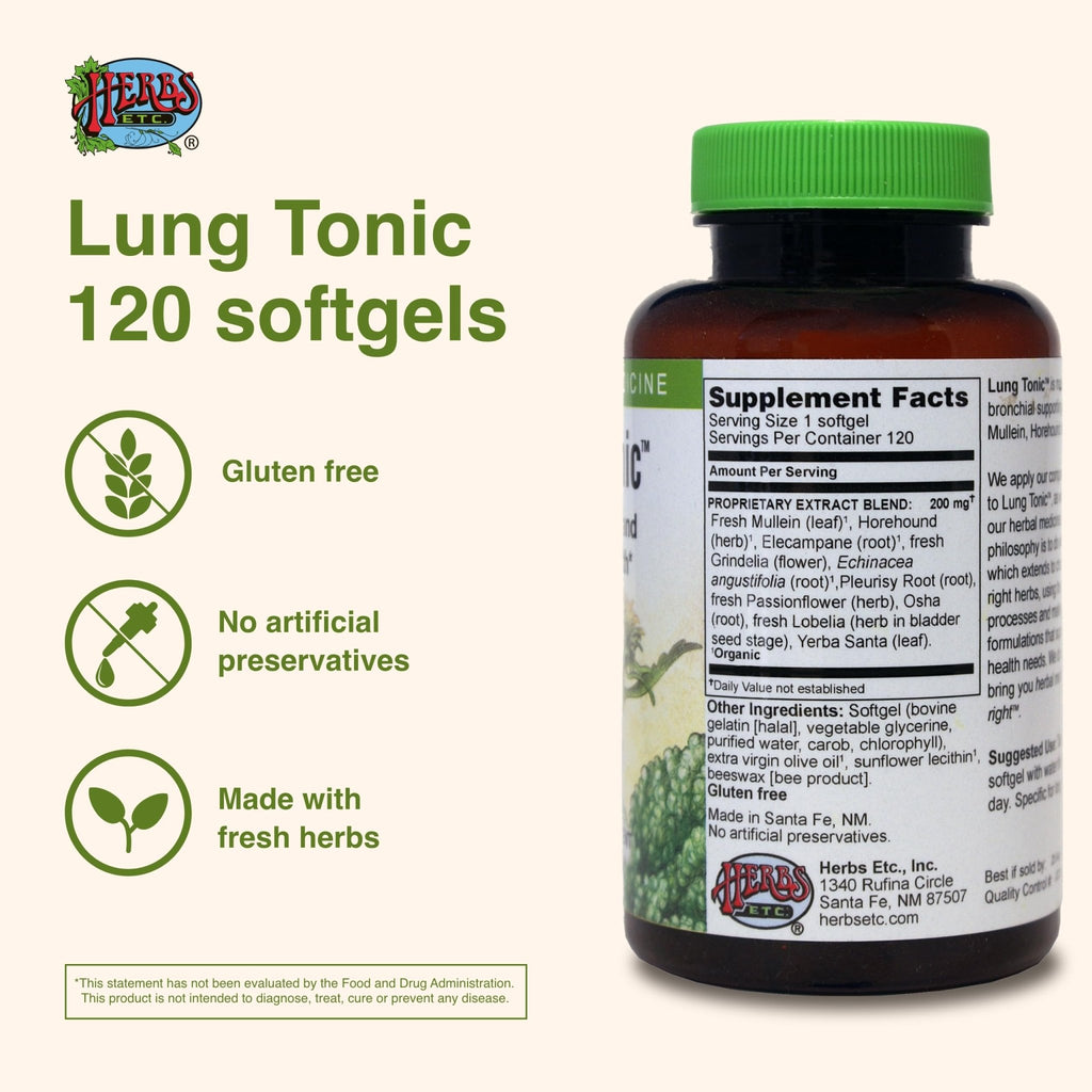 Herbs Etc. Lung Tonic - Lung Supplement for Bronchial Support - Healthy Breathing Support with Mullein, Horehound & Grindelia - 120 Softgels - TrustMedUSA