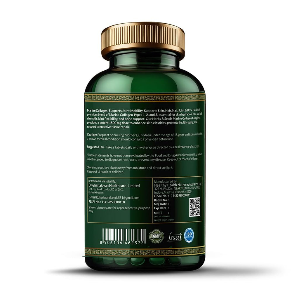 Herbs & Seeds Marine Collagen Pills for Women & Men, 120 Capsules | Type I, II, III, V, X - Hydrolyzed Collagen Peptides with Biotin, Hyaluronic Acid & Vitamin C,E Skin, Hair, Nail & Joint Support - Maple Wellness Supplements