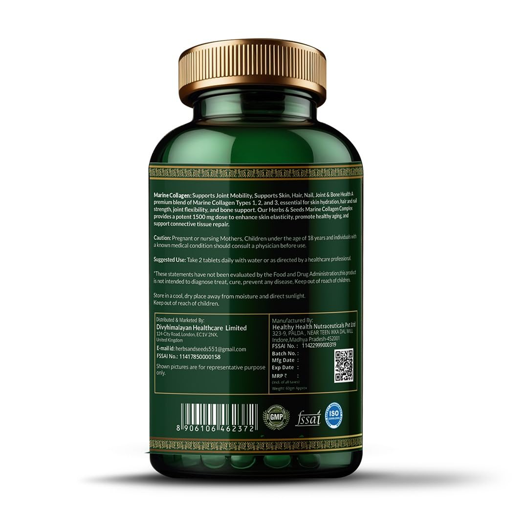 Herbs & Seeds Marine Collagen Pills for Women & Men, 120 Capsules | Type I, II, III, V, X - Hydrolyzed Collagen Peptides with Biotin, Hyaluronic Acid & Vitamin C,E Skin, Hair, Nail & Joint Support - Maple Wellness Supplements