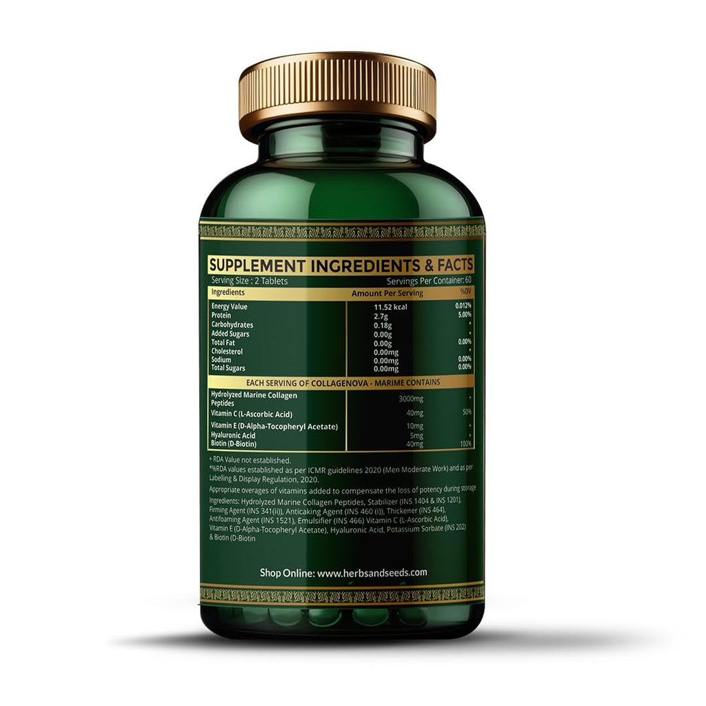 Herbs & Seeds Marine Collagen Pills for Women & Men, 120 Capsules | Type I, II, III, V, X - Hydrolyzed Collagen Peptides with Biotin, Hyaluronic Acid & Vitamin C,E Skin, Hair, Nail & Joint Support - Maple Wellness Supplements