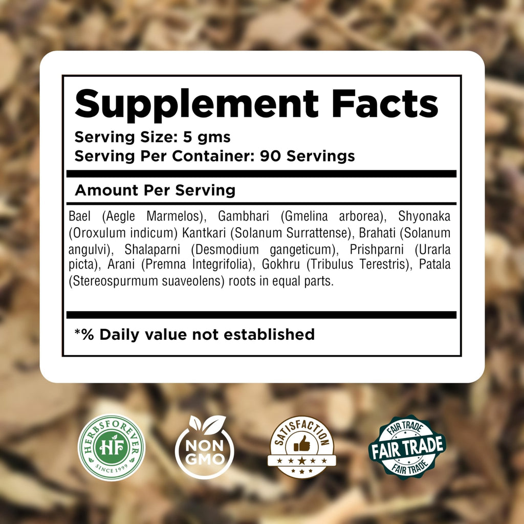Herbsforever Dashmula Cut and Sifted (Coarse/Kawth) Herbs for Tea - Joint Comfort, Vata Calming, Female Postpartum Cycle & Wellness, Ten Authentic Ayurvedic Roots, Non GMO, Vegan 454g,1 lbs,Dashmool - TrustMedUSA
