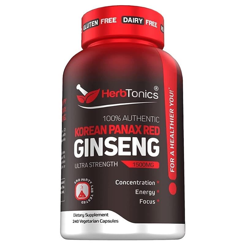 Herbtonics Korean Red Panax Ginseng 1500mg - Energy Supplement for Peak Performance, Focus & Vitality - High Potency Ginseng Root Extract - 240 Vegan Capsules - TrustMedUSA