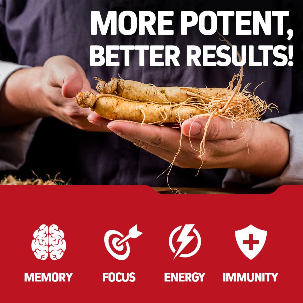 Herbtonics Korean Red Panax Ginseng 1500mg - Energy Supplement for Peak Performance, Focus & Vitality - High Potency Ginseng Root Extract - 240 Vegan Capsules - TrustMedUSA