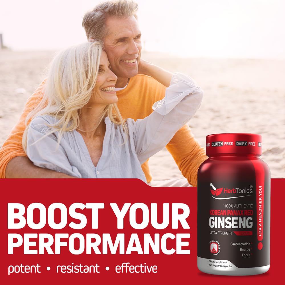 Herbtonics Korean Red Panax Ginseng 1500mg - Energy Supplement for Peak Performance, Focus & Vitality - High Potency Ginseng Root Extract - 240 Vegan Capsules - TrustMedUSA