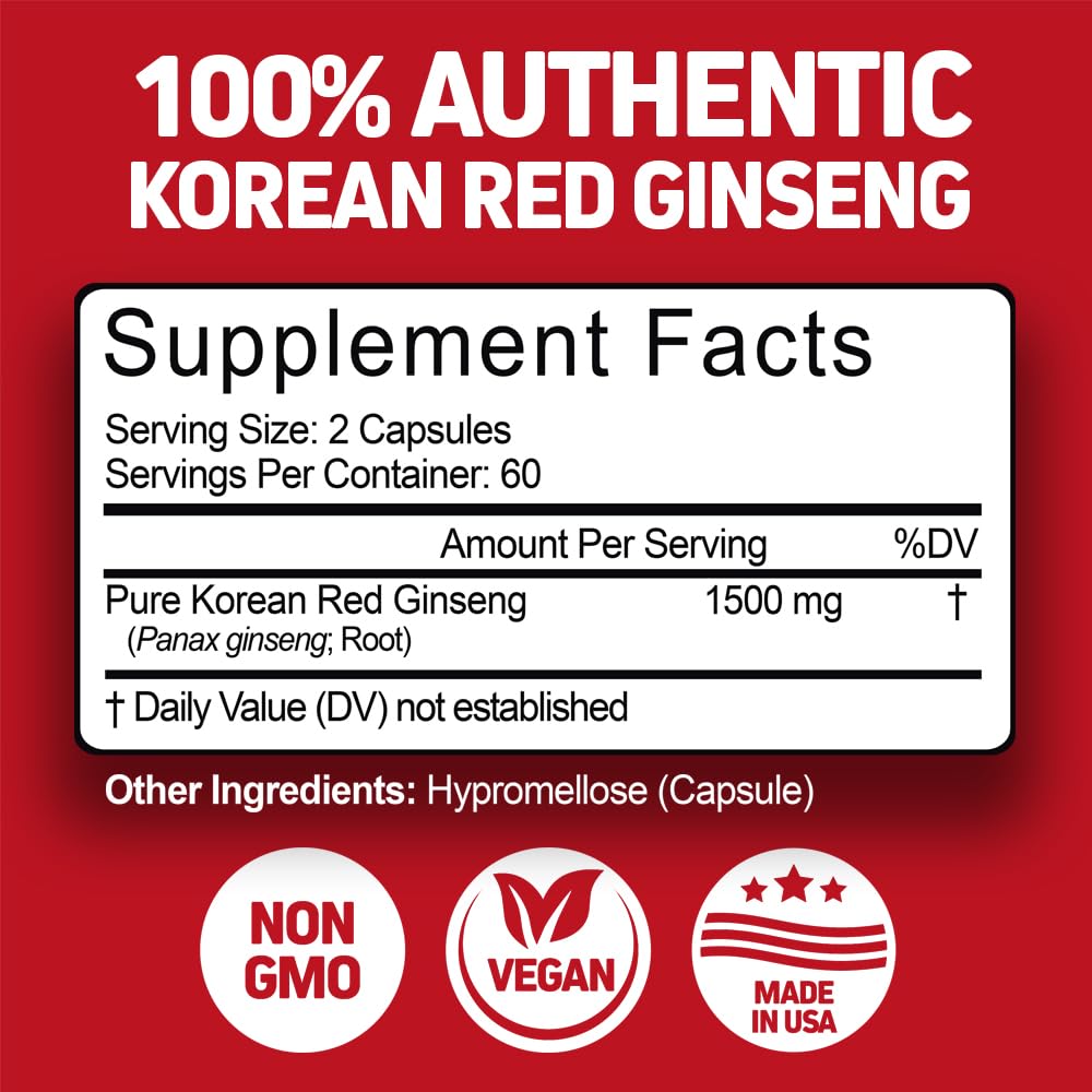 Herbtonics Korean Red Panax Ginseng 1500mg - Energy Supplement for Peak Performance, Focus & Vitality - High Potency Ginseng Root Extract - 240 Vegan Capsules - TrustMedUSA